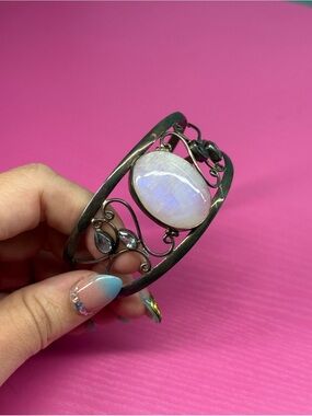 Statement Blue Flash Moonstone Aquamarine Sterling Silver Bangle Bracelet Cuff
